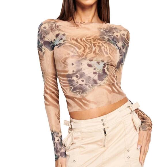 I Am Gia Izar Top Women's L Sheer Unlined Tan Butterfly Long Sleeves Raw Edges - Picture 1 of 7